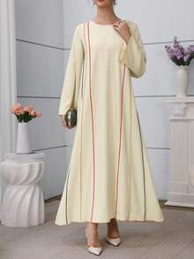 SHEIN Najma 宽松休闲圆领撞色缎带拼接长袖喇叭连衣裙 - 杏色 - 查看 7