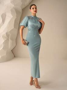 Coutiva Vestido elegante de cóctel de manga corta con cuello de solapas enjoyado, estilo de celebridad de lujo - verde menta - Ver 4