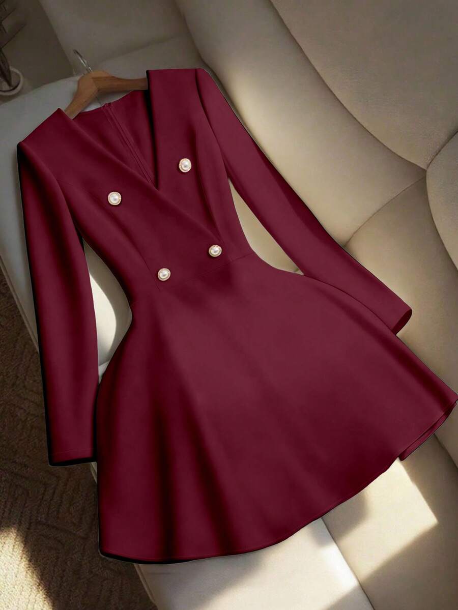 Qadelle Women's Elegant Vintage V-Neck Double-Breasted Long Sleeve Fitted Flared Hem Dress, Minimalist Chic For Daily Commute - Burgundy - View 1