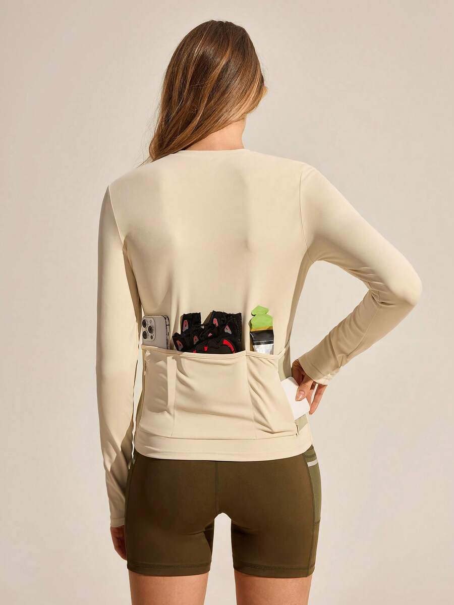 Exploreva 女士户外休闲运动长袖T恤衫/上衣，带口袋 - 杏色 - 查看 1