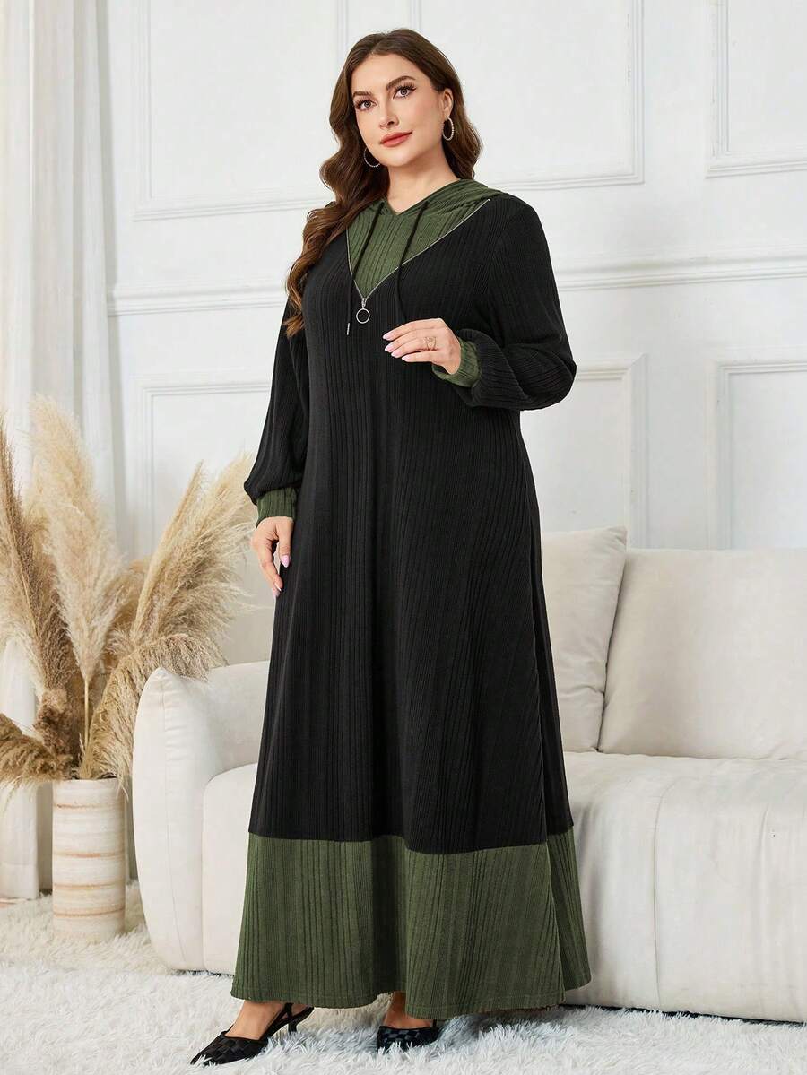 Al Najma Vestido largo casual y versátil de tela de felpa con bloqueo de color, cremallera decorativa y capucha, de alta gama y sofisticado, para mujer, talla grande, adecuado para uso en el hogar, otoño/invierno - Multicolor - Ver 1