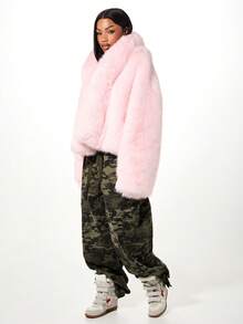 SUMWON WOMEN Faux Fur Oversized Hooded Winter Coat Fluffy Long Sleeve Outerwear Warm Jacket Fashion Statement Piece - Pink - View 4