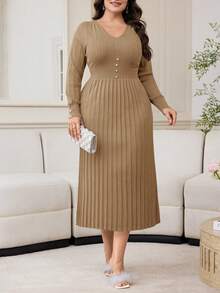 Modelyn Robe en tricot élégante à col V, manches longues et design boutonné pour femmes grandes tailles - Kaki - Voir 4