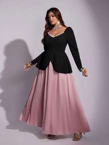 Vestido de cóctel de manga larga, elegante y de lujo, con bloque de color y decoración de perlas, estilo línea A, para mujer talla grande, color rosa, de Viva Relle - Multicolor - Ver 3
