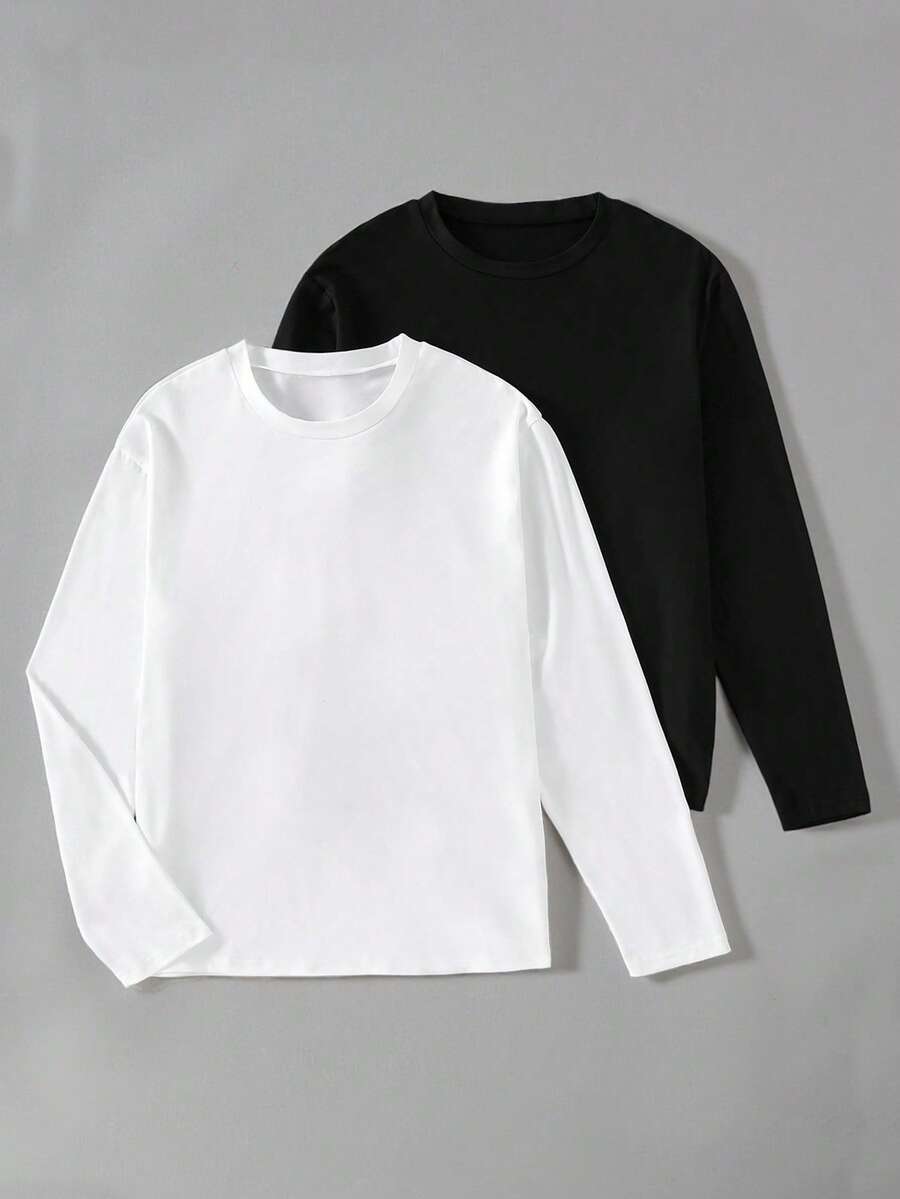 Vacaura Boys' Casual Simple Long Sleeve T-Shirt - Black and White - View 1