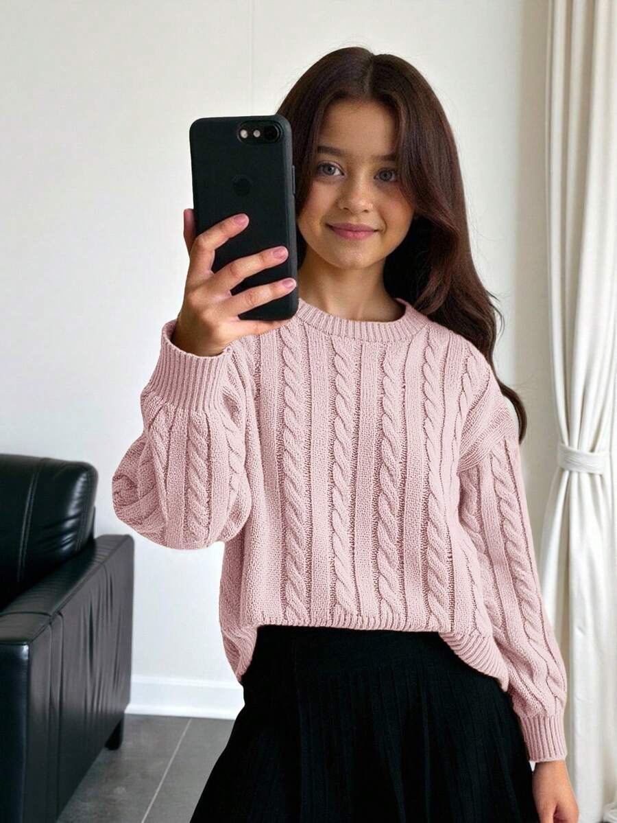 SHEIN Firerie Kids Tween Girl Casual Solid Color Dropped Shoulder Loose Textured Knit Cropped Sweater, Autumn/Winter - Baby Pink - View 1