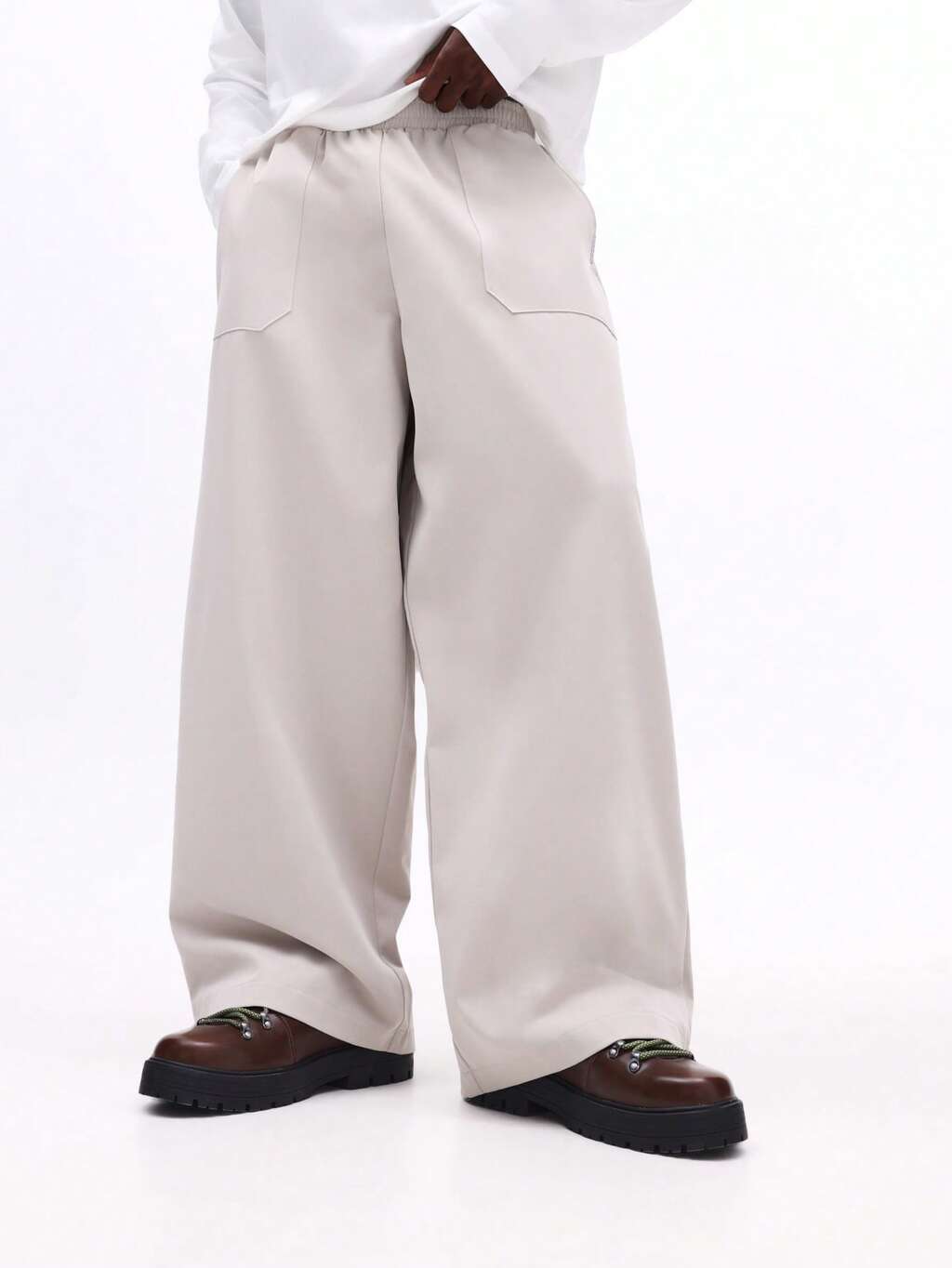 SUMWON Barrel Fit Pull On Pants With Pocket Details Wide Leg Elastic Waist Casual Trousers Comfortable Relaxed Fit Spring Summer Beige