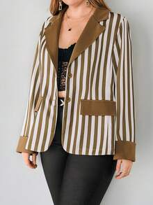 SHEIN Privé Women's Plus Size Striped Blazer - Brown - View 5