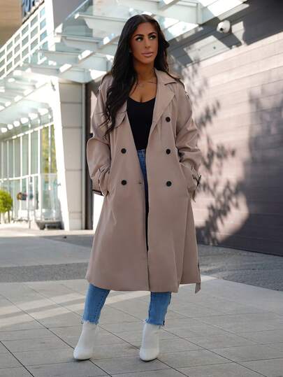 SAYEHFBABY 女式卡其色休闲磨边装饰学院风风衣