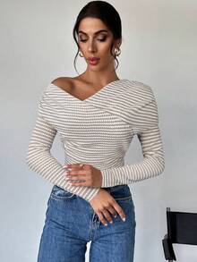 Firerie Damen Strukturiertes gestreiftes asymmetrisches Kragen Wickel Langarm T-Shirt Top, Gestreiftes Damen Bluse, Wickel Langarm Damen T-Shirt, Gestreiftes T-Shirt, Gerafftes T-Shirt, Schulterfrei Konvertibles T-Shirt Top, geeignet für Frühling, Sommer, Herbst, Winter, Pendeln, Elegant, Lässig, Alltag, Bürokleidung - Verschiedenfarbig - Übersicht 5