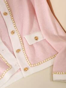 SHEIN 1 pieza Cárdigan de niña, diseño de volantes de color contrastante en el cuello redondo, grosor regular, dobladillo prolijo, textura suave y cómoda, durable, moda casual versátil, adecuado para uso diario, al aire libre, reuniones, escuela, etc. Adecuado para primavera y otoño - Rosa - Ver 4