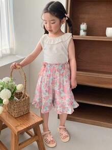 DAZY 2pcs/Set Young Girl Sleeveless Round Neck Minimalist Top And Skirt, Casual,Girls Summer Outfits Easter Vacation - White - View 1