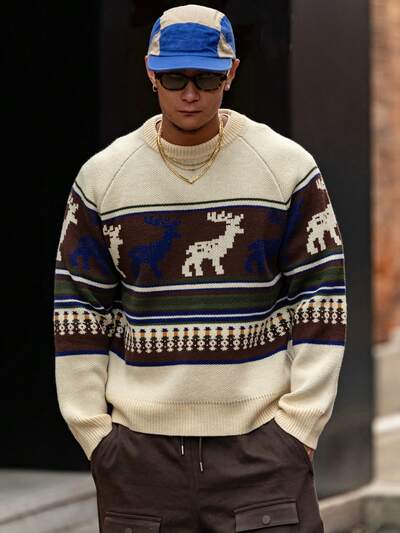 メンズ カラーブロック 鹿柄 ジャカード ニットセーター 秋冬