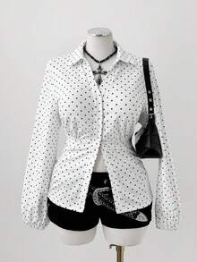 Sunspun Vintage French Style Casual Polka Dot Print Long Sleeve Women Shirt Polka Dot Shirt Women Work Blouses Business Casual Women Shirts Polka Dot Top Women Long Sleeve Shirt - White - View 1