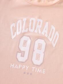 Tween Girls Pajamas-Pajama Set Beige Letter Print Round Neck Long Sleeve Top With Pink Plaid Pants Simple Stylish Design Comfortable Loungewear Four Season Sleepwear 2026 New Year Essential - Pink - View 8