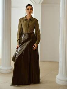 ZEYLAH Women's Solid Color Long Sleeve Single-Breasted Casual Loose Shirt - Army Green - View 8