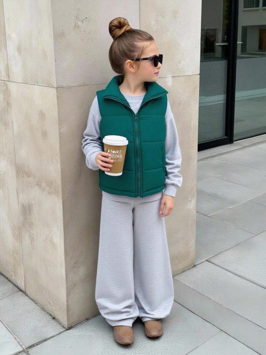 Bộ 3 áo nỉ cổ tròn tay dài quá khổ cho bé gái, quần thể thao rộng rãi, bộ đồ mùa thu/đông - màu xanh lá - Xem 1