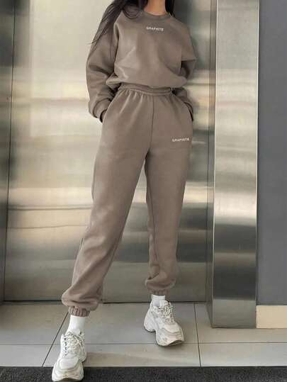 INAWLY Conjunto de moletom e calça de moletom feminino casual com estampa de letras 2 peças