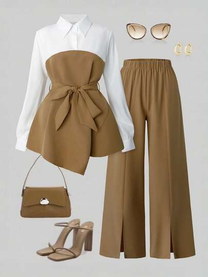 Franclia 两件套简约优雅秋季衬衫和直筒开衩裤套装