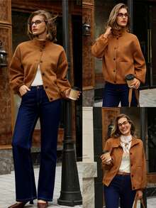 Hansera Women's Faux Suede Deer Fur Collar Long Sleeve Cardigan, Elegant Jacket, Suitable For Everyday Wear, Autumn/Winter Brown Outerwear Women Fall Clothing For Women,Brown Jacket, Brown Clothes,Winter - Brown - View 1