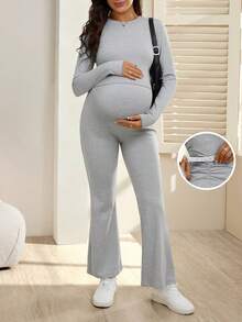 SHEIN Maternity Casual Solid Color Sweatshirt & Pants Set - Light Grey - View 1
