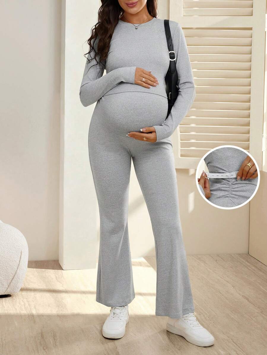 SHEIN Maternity Casual Solid Color Sweatshirt & Pants Set - Light Grey - View 1