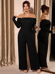 Cravure Plus Size Women Metal Decor Off-Shoulder Long Sleeve Top And Wide Leg Pants Fashionable 2 Pieces Set - Black - View 7