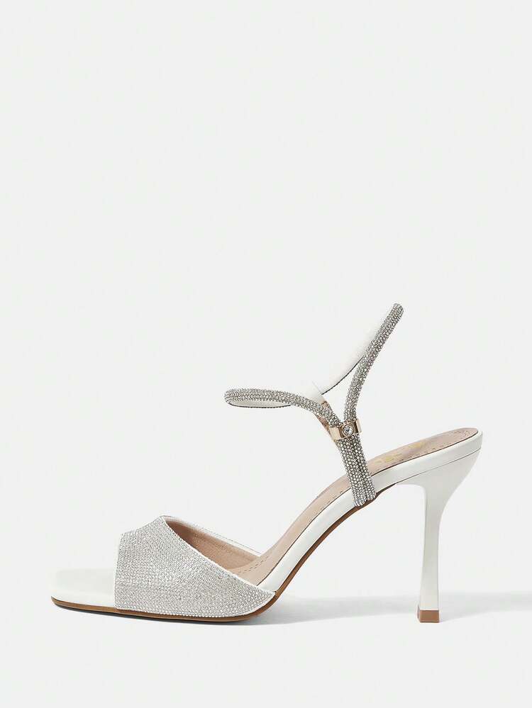 Fashionable Party High Heel Sandals With Square Toe, Thin Heel And Rhinestone Embellishment For Women For Spring And Summer