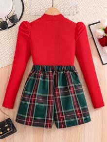 Sparklyn Tween Girl Simple Fashion Red Solid Top And 2 In 1 Shorts Set - Multicolor - View 2