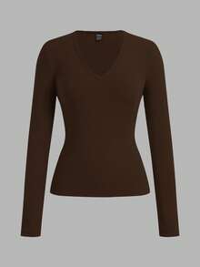 SHEIN EZwear 3件套女士深V领修身休闲长款基础保暖长袖T恤套装，适合秋冬季穿着 - 彩色 - 查看 7