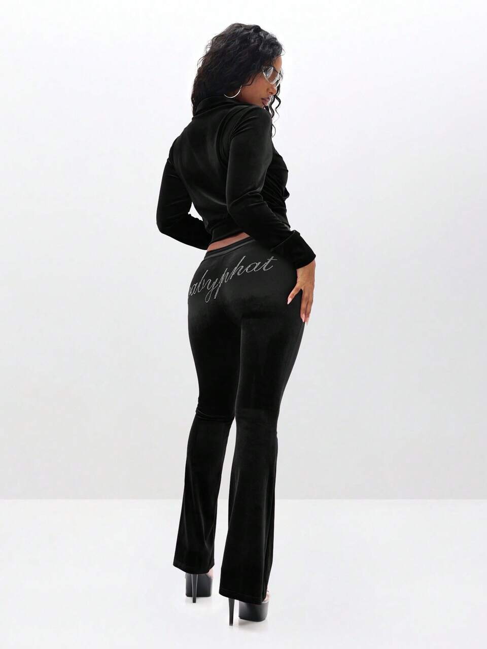 BABYPHAT Low Rise Velour Sweatpants With Rhinestone Embellishments Flare Leg Lounge Pants Drawstring Waist Comfortable Casual Wear