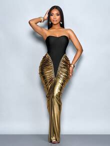 SOLERSUN Elegancka, dopasowana sukienka imprezowa z marszczeniami i blokami kolorów