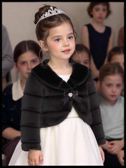 Elladie kids 小女孩白色蓬松短外套，蝴蝶结领，优雅日常穿着