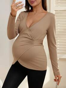 SHEIN Pregnant Women's Sports Long Sleeve Deep V-Neck Criss-Cross Drawstring Bowknot T-Shirt - Brown - View 1