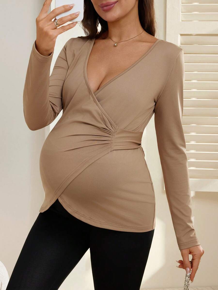 SHEIN Pregnant Women's Sports Long Sleeve Deep V-Neck Criss-Cross Drawstring Bowknot T-Shirt - Brown - View 1