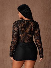 Rustia Plus Size Sexy Lace Hollow Lace-Up Waist Slim Fit Top Fall - Black - View 2