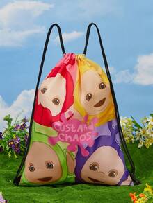 Teletubbies X SHEIN Mochila con cordón de poliéster con estampado de los personajes Tinky Winky, Dipsy, Laa-Laa y Po, bolsa de gimnasio, mochila, bolsa casual, bolsa de viaje, mochila de playa deportiva, adecuada tanto para hombres como para mujeres - Multicolor - Ver 2