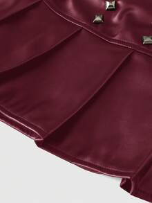 ROMWE Avant Music Festival PU Punk Rivet Decorated Ultra-Low Waist Pleated Women's Mini Skirt - Red - View 5