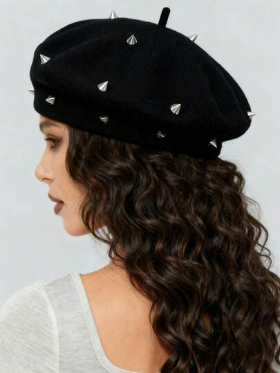 Grunge Punk 1pc Punk Style Circular Hollow Rivet Beret Hat, Y2K Round Pendant Newsboy Cap, Daily Personalized Fashion Item