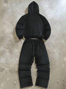 PAVTROS Bộ quần nỉ và áo hoodie có khóa kéo đính đá trang trí thường ngày cỡ lớn cho nam - màu đen - Xem 2