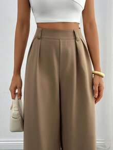 EURMUSE Women Solid Color High Waist Wide Leg Pants - Brown - View 5