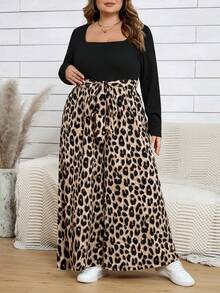 SHEIN CURVE+ 复古豹纹撞色长袖方领系带大码阔腿连体裤，2026秋冬/新年款