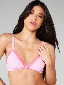 MISSGUIDED Áo ngực tam giác viền ren tương phản có nơ trang trí phía trước và thiết kế dây đôi cho những dịp riêng tư và thoải mái hàng ngày - Hồng - Xem 3