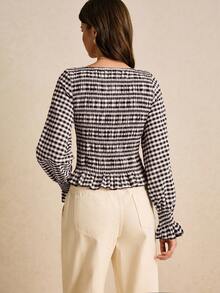 Poéselle Women's Casual Plaid Puff Sleeve Fitted Top, Autumn,Black Gingham Smocked Ruffle Blouse - Long Sleeve Holiday Christmas Plaid Top For Women Checkered Top Smocked Women Dress Spring Women - Coffee Brown - View 2