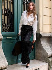 SHEIN PariChic Women's High Waist Wide Leg Sequin Pants, Autumn - Black - View 5