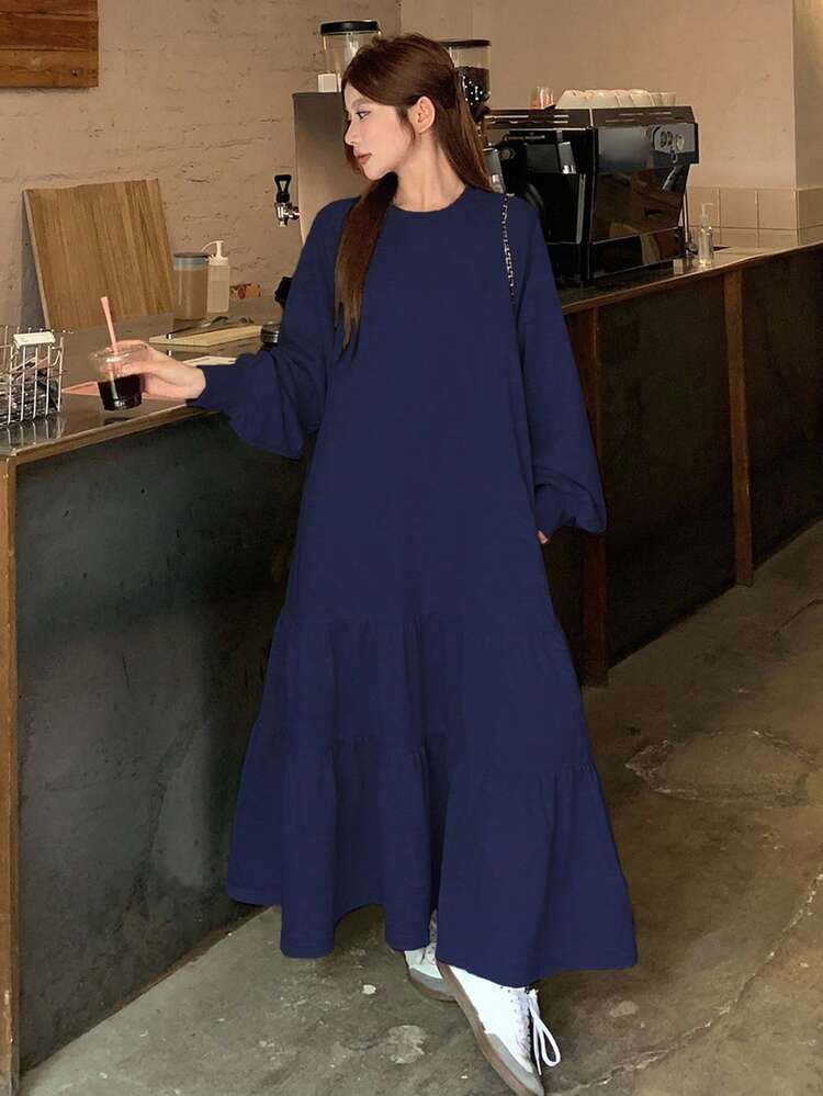 Women's Solid Color Minimalist Daily Wear Round Neck Long Sleeve Dress