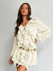 Aloruh Women's V-Neck Ruffle Hem Bohemian Brown Chiffon Loose Tie Waist Mini Dress, Autumn/Winter - Apricot - View 3