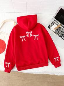 1pc Tween Girls Knitted Fleece Jacket With Front Zipper, Bow Embroidery, Cute & Fashionable, Suitable For Autumn/Winter - Red - View 2