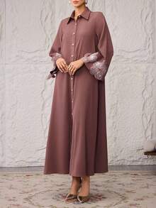 Al Najma Casual Loose Long Sleeve Front Button Women's Arabic Dress - Pink - View 6
