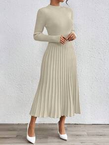 RosyDaze Váy dệt kim cổ đứng màu trơn thanh lịch, Thu/Đông - Màu be - Xem 5